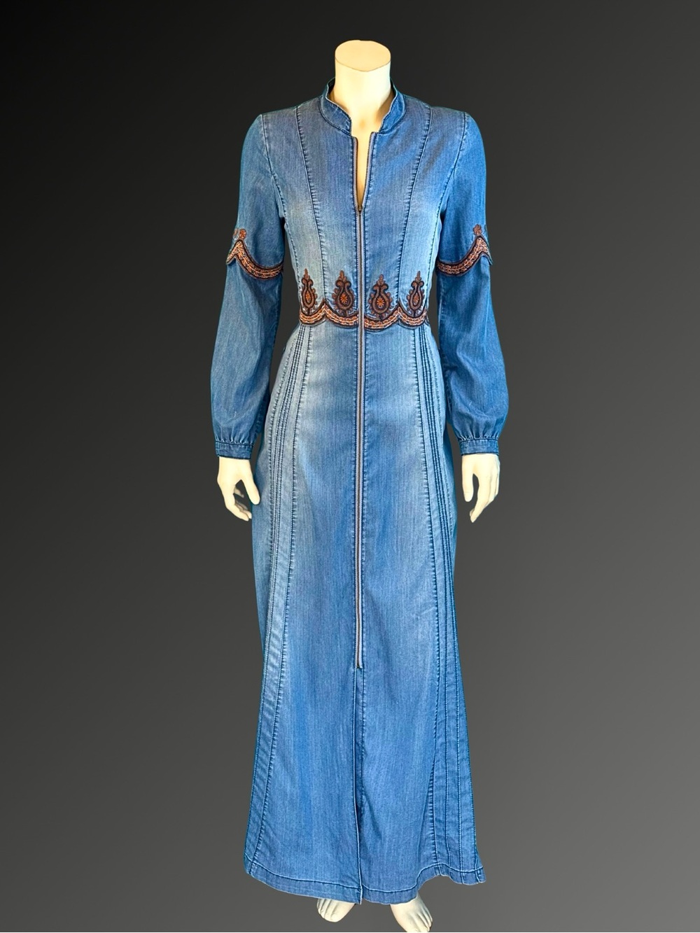 Vintage Y2K Denim Embroidered Boho Maxi Duster or Coat Dress | S M - Picture 5 of 16
